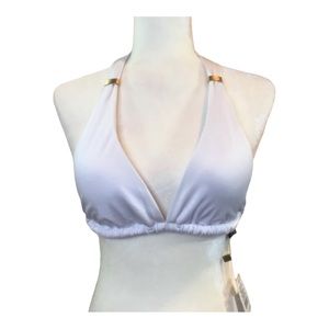 Women’s Sandoratto white bikini halter top plain bottom NWT gold accents size L